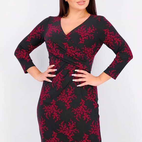 LAUREN RALPH LAUREN Faux Wrap Size 6 S Red Black Floral Side Ruch Dress V Neck - Picture 2 of 10